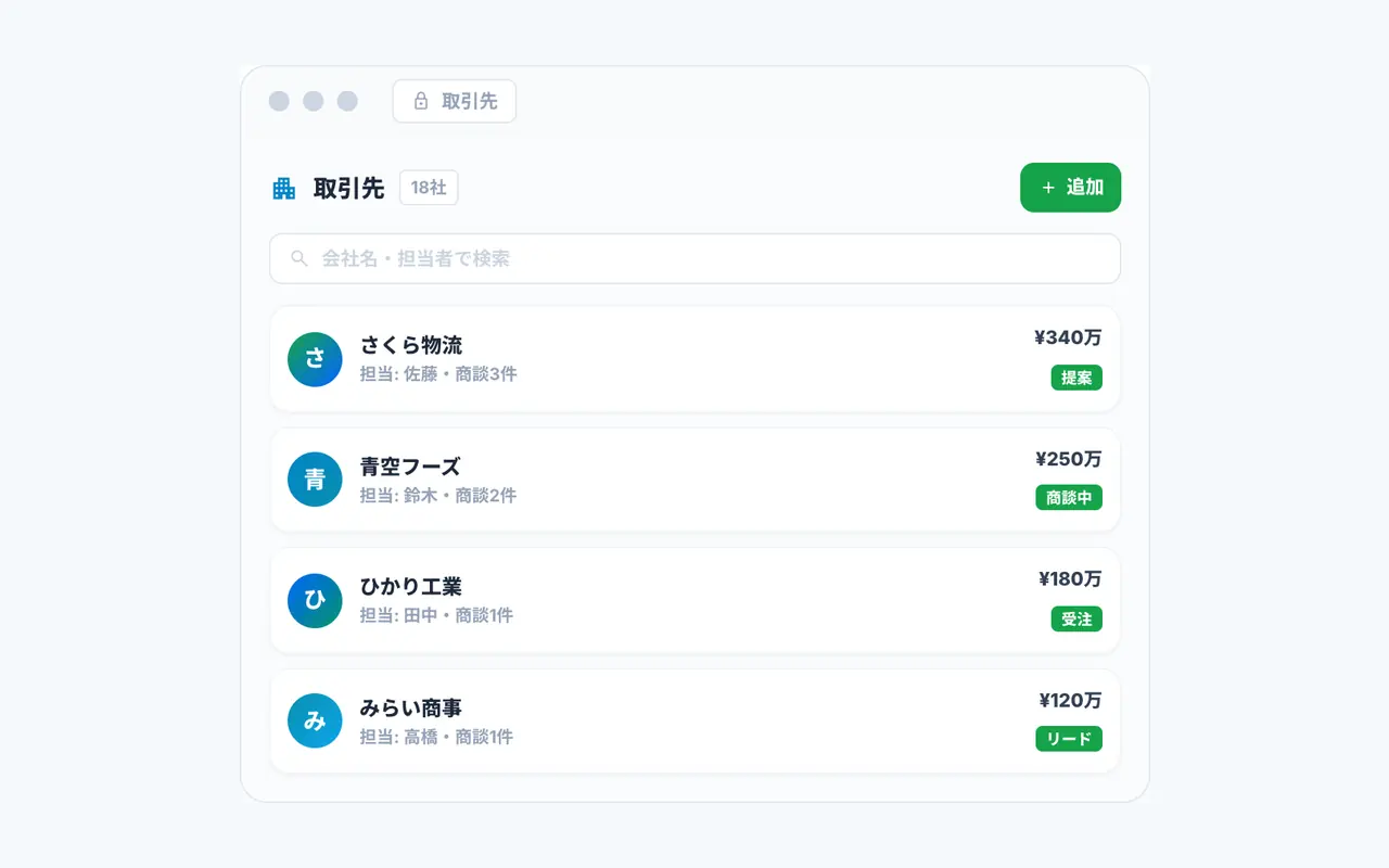 取引先を一元管理の画面